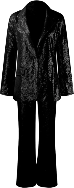 Womens Sequin Suits Set 2 Piece Pants Set Notch Lapel Slim Fit Formal Suits Long Sleeve Tuxedo Suit Sequin Pants Tracksuit Black 3X-Large