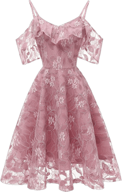 IWEMEK Women Spaghetti Strap Floral Lace Bridesmaid Cocktail Party Dress Cold Shoulder Ruffle Sleeve Wedding Guest Prom Dress Small Pink