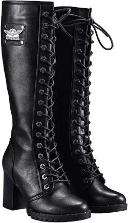Dream Apparel Women's Faux Leather Lace Up Knee High Boots, Black Motorcycle Riding Boots with Chunky Heel, Sexy Biker Boots with Side Zipper