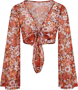 Verdusa Women's Boho 70s Tops Tie Front Bell Long Sleeve Floral Print Mesh Sheer Blouse Crop Tops X-Large Floral Orange