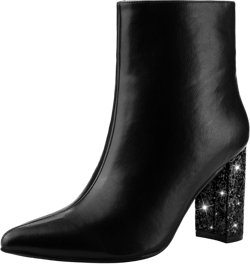 Perphy Women's Fashion Pointy Toe Zipper Sparkly Glitter Chunky Heels Ankle Boots Black 10
