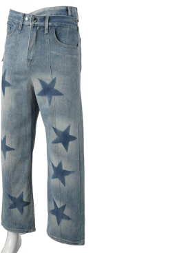 Casual Streetwear Loose Fit Mens Retro Star Print Jeans Straight Leg Design Style Wide Leg Pants Boys Sleepers Blue Small