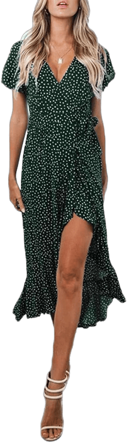 ZESICA Women's Summer Bohemian Floral Printed Wrap V Neck Beach Party Flowy Ruffle Midi Dress Medium Forestgreen