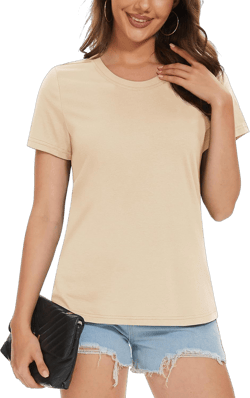 MAGCOMSEN Women's T-Shirts Cotton Short-Sleeve Shirts Crew-Neck Tees Classic-Fit Breathable Casual Summer Tops Medium Light Apricot