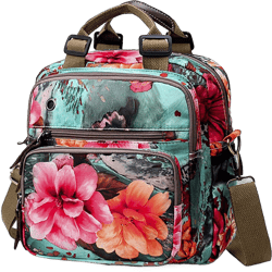 YouNuo Fashion Small Backpack Purse for Women, Floral Multi-Pocket Shoulder Handbag, Water-resistant Nylon Crossbody Purse for Mom, Ladies Convertible Mommy Bag with Insulated Pockets, Green Blue