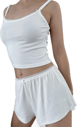 XBTCLXEBCO Women Sexy 2 Piece Pajama Set Sleeveless Lace Trim Crop Cami Top and Shorts Pj Set Y2K Sleepwear Lounge Outfits Medium C Ribbed White