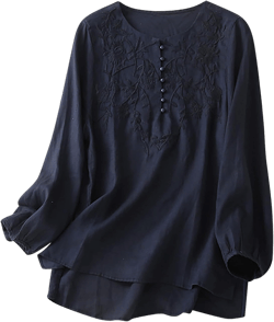 Womens Long Sleeve Cotton Linen Tops Vintage Floral Embroidered Shirts Casual Button Up Crewneck Boho Peasant Blouse Navy X-Large