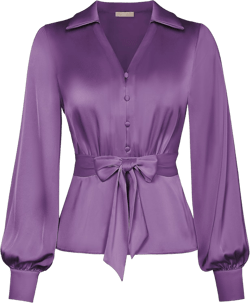 Belle Poque Women's Satin Silk Blouse Lapel V Neck Long Sleeve Tops Tie Front Casual Work Tops Shirts Purple Small