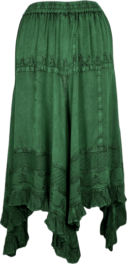 Agan Traders Fall Women's Flowy Handkerchief Hemline Midi Maxi Skirts for Women - Gypsy Embroidered Ruffle Long Skirts 2X-3X H Green - 403