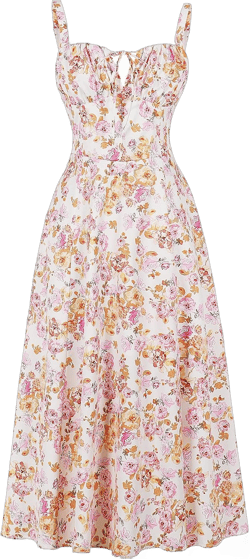 Women Floral Corset Dress Sleeveless Square Neck Spaghetti Straps Dress Boho Holiday Flowy Midi Bustier Sundress Large Orange + White
