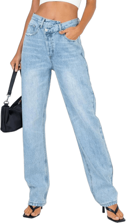 PLNOTME Women's Low Waisted Jeans Trendy Straight Leg Boyfriend Crossover Casual Denim Pants 12 Light Blue