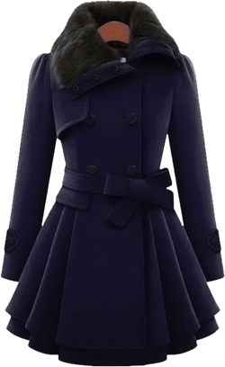 Sexyshine Women's Winter Faux Fur Lapel Double-Breasted Trench Coat A-Line Thick Slim Flared Wool Blend Pea Coat Jacket Small Dark Blue