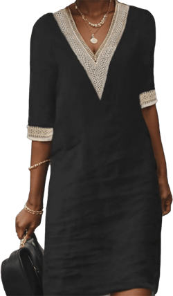 Women's Lace-trimmed V Neck Knee-length Shift Linen Dress Casual Half Sleeve Modest Dress Elegant Vacation Dresses 4X-Large Black