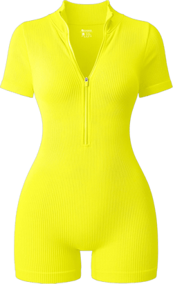 OQQ Women Rompers Ribbed Short Sleeve Zip Front Stretch Tummy Control Yoga Workout Rompers Large Yellow