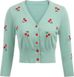 Belle Poque Women's 3/4 Sleeve V-Neck Button Down Cherries Embroidery Cropped Cardigan Sweater Coat Mint 3X-Large