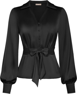 Belle Poque Women's Satin Silk Blouse Lapel V Neck Long Sleeve Tops Tie Front Casual Work Tops Shirts Black Large