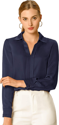Allegra K Women's Satin Blouse Elegant V Neck Long Sleeve Silky Dressy Office Work Shirt 2024 X-Small Navy Blue