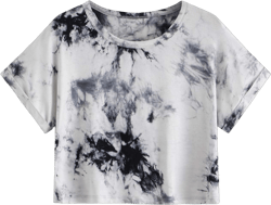 SweatyRocks Women's Casual Round Neck Short Sleeve Soild Basic Crop Top T-Shirt Medium Tie Dye Grey White