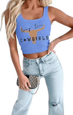Long Live Cowgirl Tank Top Woman Country Music Crop Top Western Cowboy Shirt Cow Graphic Cami Sleeveless Tops XX-Large Blue