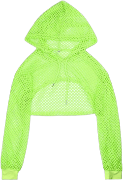 Women Fishnet Hoodie Crop Top Long Sleeve Mesh Sheer Rave Tops Festival Drawstring Drop Shoulder Shrugs Large Fluorescent Green