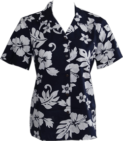 Made in Hawaii ! Women's Classic Hibiscus Flowers Hawaiian Aloha Camp Shirt Medium Navy/White