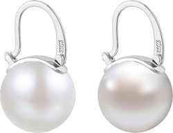 Pearl Earrings for Women Trendy, 14mm 925 Sterling Silver Pearl Drop Earrings Fashion, Large Shell Pearl Hoop Earring Dangle Jewelry for Wedding Gift White