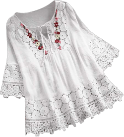 Women Blouses Vintage Lace Patchwork Bow V-Neck Three Quarter Blouses T-Shirt Ladies Spring Summer Plus Size Top White 2 X-Large