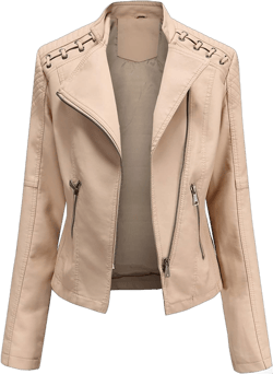 WSLCN Womens Faux Leather Zip Up Motorcycle Biker Jacket Slim Fit Short Coat Medium Beige