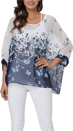 Women Summer Floral Printed Shirt Batwing Sleeve Top Chiffon Poncho Casual Loose Blouse 4348 One Size