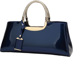 Glossy Women Handbag Faux Patent Leather Top-Handle Bag Structured Shoulder Bag Tote Evening Purse Party Satchel Blue