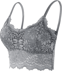Lace Bralette for Women Plus Size Spaghetti Strap Cami Top V Neck Bra Sexy Floral Lace Wireless Bra Everyday Bralette Grey-14, X-Large