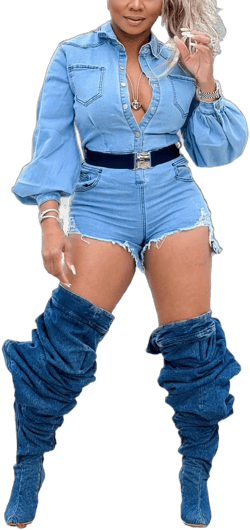 Short Denim Jumpsuit for Women Lantern Sleeve Fashion Casual Sexy Jeans Jumpsuit Small Light Blue