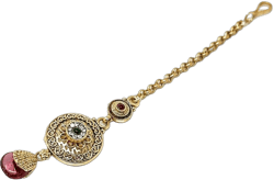 Duel On Jewel Indian Traditional Maang Tikka Women’s Headpiece with Red Glass Drop Pendant, Green and White Stones, Gold-Plated, Full Length 5.5 Inch, Forehead Ornament for Wedding Party Dance Jewelry