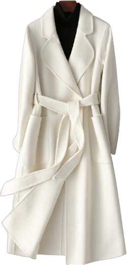 Womens Wool Trench Coats Autumn Winter 100% Wool Solid Color V-Neck Coat Slim Warm Long Overcoat Belt Jackets Outwear Small White