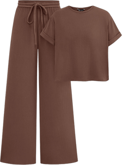 PRETTYGARDEN Women's Summer 2 Piece Knit Loungewear Short Sleeve T Shirts Wide Leg Pants Tracksuit Casual Outfits Coffee X-Large