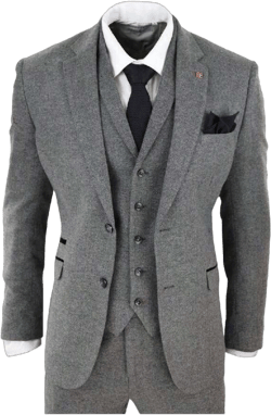 Mens 3 Piece Dark Grey Herringbone Wool Tweed Retro Suit