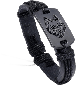 Wolf Bracelet for Men and Women Adjustable Braided Leather Yak Bone Carved Wolf Head Viking Vintage Woven Rope Leather Bracelets Unisex Jewelry Gift Black