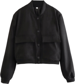 Women's Cropped Bomber Jacket Long Sleeve Lightweight Casual Button Down Baseball Varsity Jacket with Pockets Medium Black