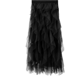 A-Line Tulle Skirts for Women,Elastic Waist Midi Asymmetrical Layered Party Dress,Midi Skirt Mesh Fairy Skirts Black