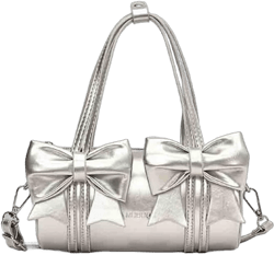 Women's Sweet Bow Knot Cylinder Bag, PU Leather Bow Decor Glossy Shoulder Purse, Top Handle Tote Underarm Clutch For Ladies Silver Small