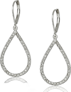 Anne Klein Women's Pierced Earrings Pave Tubular Hoop Silver Teardrop Earrings