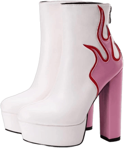 Frankie Hsu Women's Large Size Red Patent Leather Flame Fire Sexy Platform Chunky Block High Heels Ankle Heeled Bootie Shoes 5 White