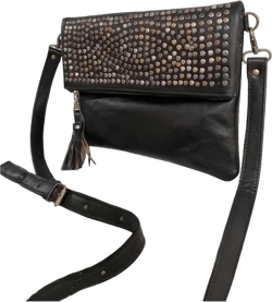 Stylish Moroccan Large Leather Clutch Bag Studded Design Crossbody bag with Tassel Handmade Sustainable Bag Colorful Clutch Bag for women (Black)