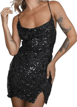 Women's Cowl Neck Sequin Mini Dress Black Spot Large