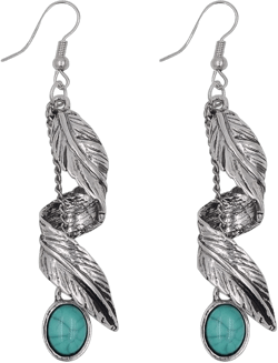 Women Bohemia Tribal Antique Silver Leave Dangle Earrings Vintage Feather Turquoise Bead Drop Earrings Nickel Free