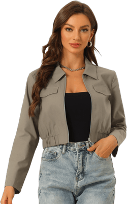 Allegra K Women's Lightweight Zip Up Long Sleeve Lapel Utility Cropped Jackets Gray Army Green Small