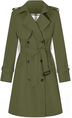 Betusline Women's Long Double-Breasted Trench Coat with Belt Medium Army Green