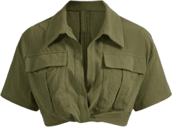 Verdusa Women's Short Sleeve Collar Neck Flap Pocket Twist Front Crop Top Shirts X-Small Army Green