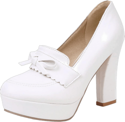KISSASA Womens Chunky Platform High Heeled Loafers Round Toe Block Heel Pumps Slip On Dress Office Shoes 14 White