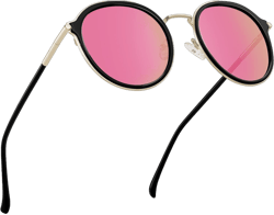 CARFIA Retro Acetate Polarized Sunglasses for Women UV Protection, Fashion Metal Brow Ladies Shades Eyewears Round Sunnies 4. Black Frame + Pink Mirrored